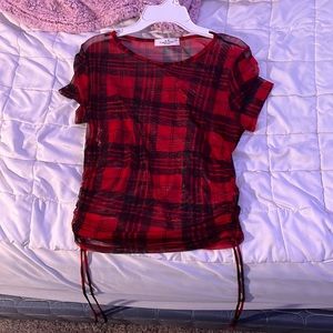 Mesh crop top, ties up the sides, red and black plaid